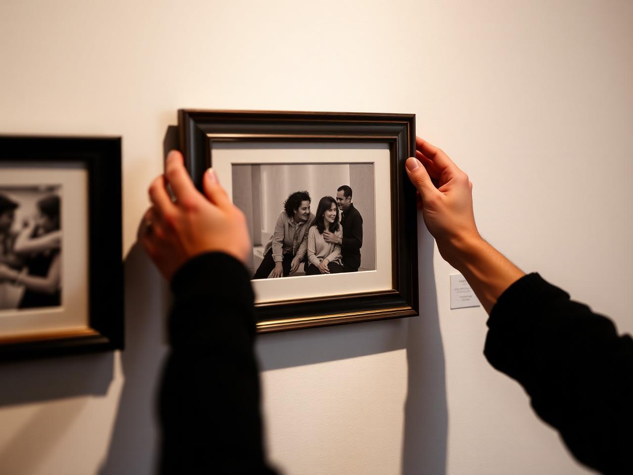 A curator arranging framed photographs on a wall
