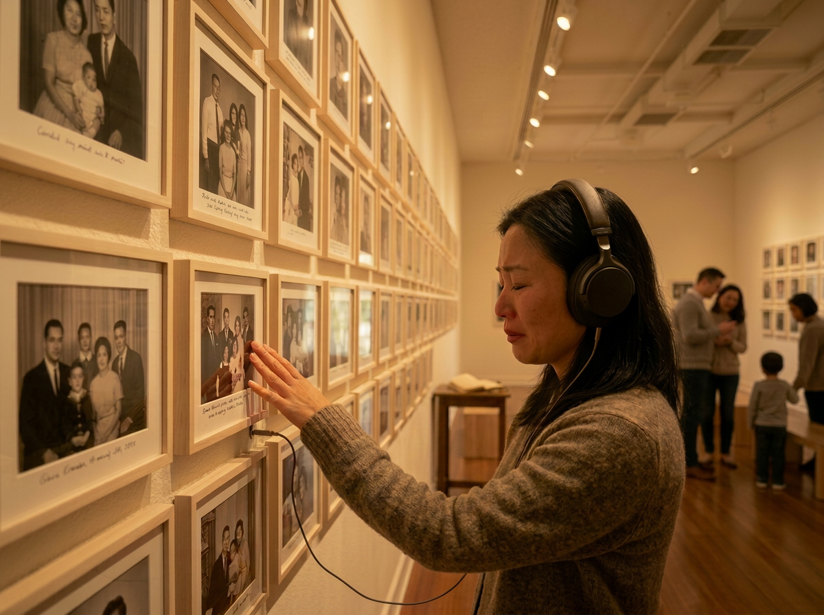 A visitor wearing headphones stands close to a photo wall, listening to letters from Joan's diary
