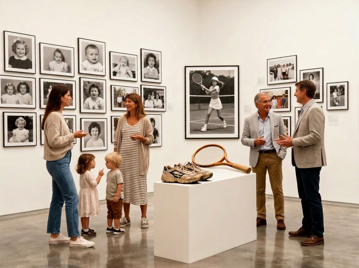 Gallery room showing a woman's life from childhood to age 16, with a plinth holding running shoes and a tennis racket beside guests admiring the photographs