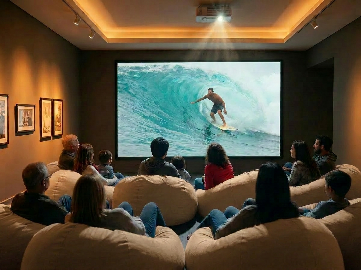 Families and friends on bean bags watching nostalgic home videos projected on a gallery wall