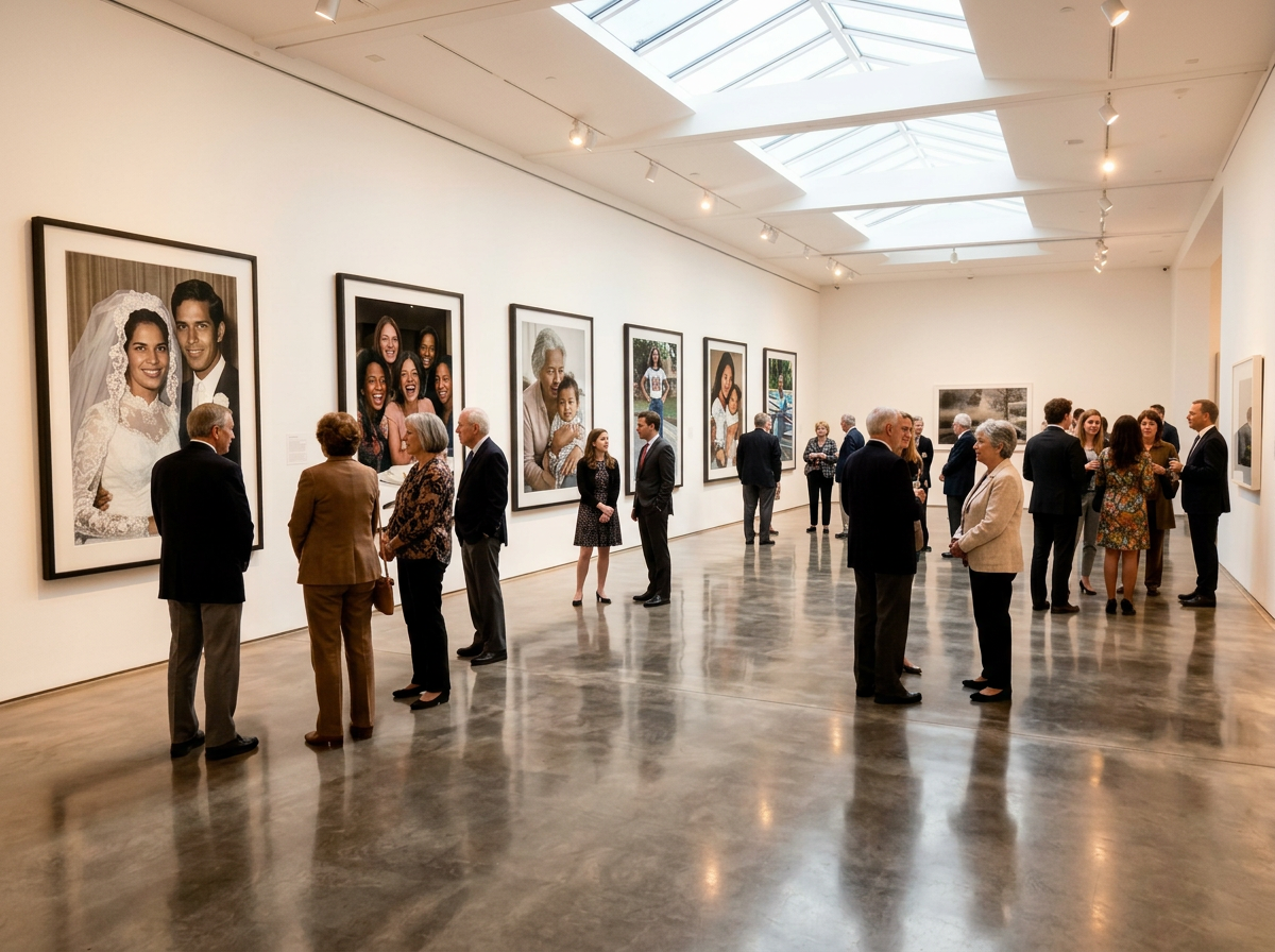 Bright gallery interior with guests viewing a memorial photography exhibition